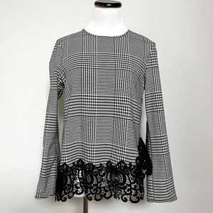 Zara Houndstooth Lace Trim Long Sleeve Top